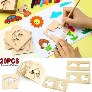 20pcs 몬테소리 어린이 장난감 그리기 장난감 나무 DIY 그림 템플릿 스텐실 어린이를위한 교육 장난감 학습 선물