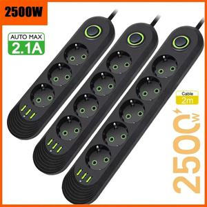 EU 플러그 2500W 2M 연장 케이블 멀티탭 원형 핀 AC 콘센트 전기 충전 어댑터 가정용 USB 포트 고속 충전 소켓