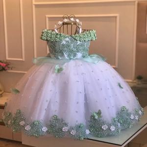 결혼식을위한 흰색 녹색 꽃의 소녀 드레스 Applique Tulle 짧은 소매 진주 공주 아이 생일 첫 성찬식 공 가운