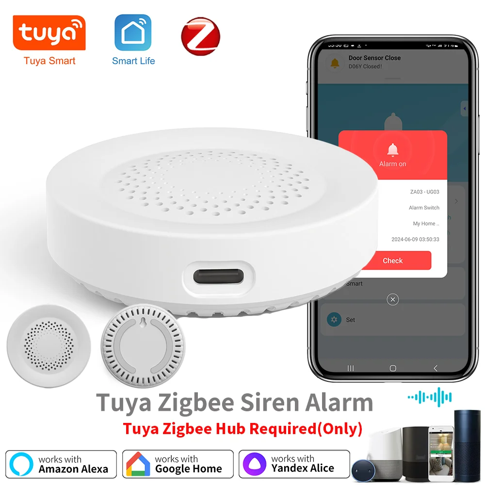 Tuya Zigbee 스마트 사이렌 알람, 100dB 스피커 탑재, 홈 보안용, Tuya Zigbee 허브 필요, Google Home 및 Yandex 연동