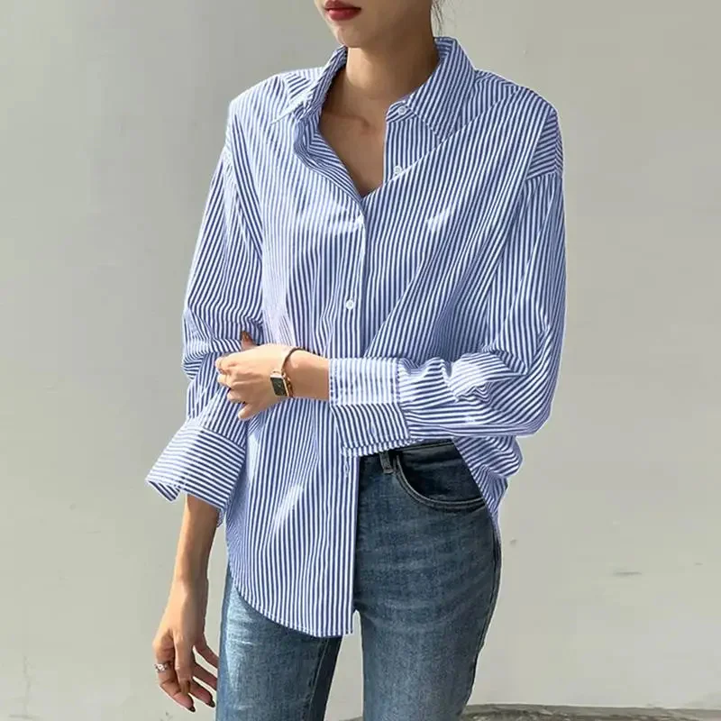 여성 봄 여름 블라우스 셔츠 레이디 패션 캐주얼 긴 소매 턴 다운 블루 스트라이프 블라우스 탑