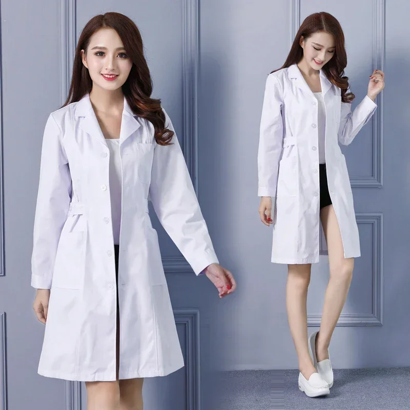여성 패션 실험실 코트 짧은 소매 의사 간호사 복장 긴 소매 의료 유니폼 조절 가능한 허리 벨트가있는 흰색 자켓