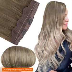 LaaVoo 여성용 낚시 와이어 헤어 익스텐션, 진짜 브라질 인모, 스트레이트 천연 피쉬 라인 헤어 씨실 헤어, 12-20 인치 100%