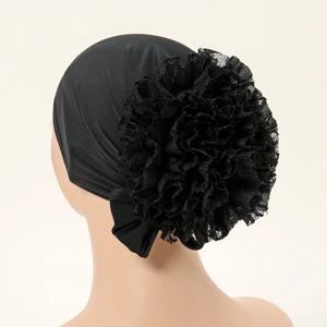 여성용 이슬람 Hijabs 얇은 모달 하단 모자 스카프 레이스가있는 솔리드 컬러 터번 Panhua 이슬람 머리 포장 넥타이 백 머리띠