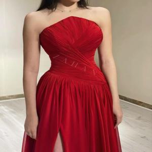 사용자 정의 레드 이브닝 가운 여성 쉬폰 긴 공 가운 Strapless Pleated 사이드 슬릿 파티 드레스 특별 클럽 연회 드레스