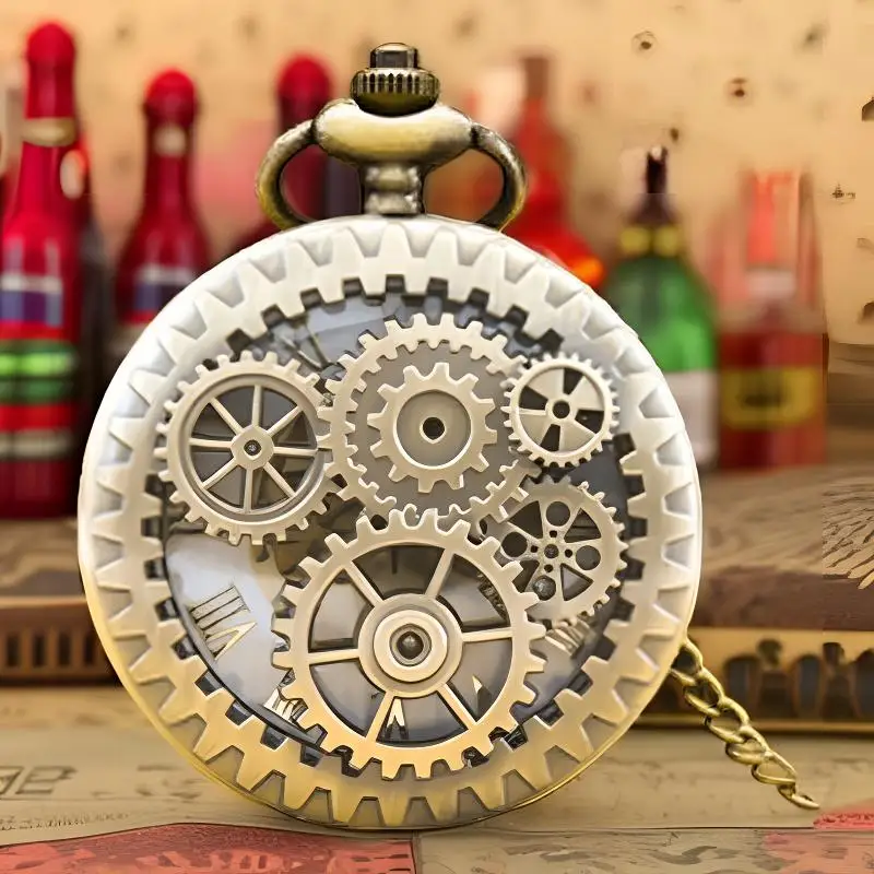 빈티지 청동 Steampunk 구리 컷 아웃 기어 석영 주머니 시계 목걸이 펜던트 시계 체인 남성 여성 체인 선물