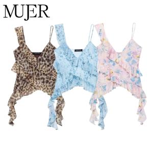 MUJER 프린트 러플 튤 탑 여성 레오파드 백리스 탑 여성 2025 여름 캐미솔 비치 탑 여성 민소매 탑