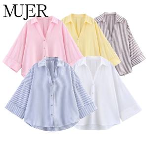 MUJER 여성용 셔츠 스트라이프 오버사이즈 셔츠 여성용 와이드 슬리브 캐주얼 셔츠 및 블라우스 여성용 화이트 여름 루즈 탑 여성용