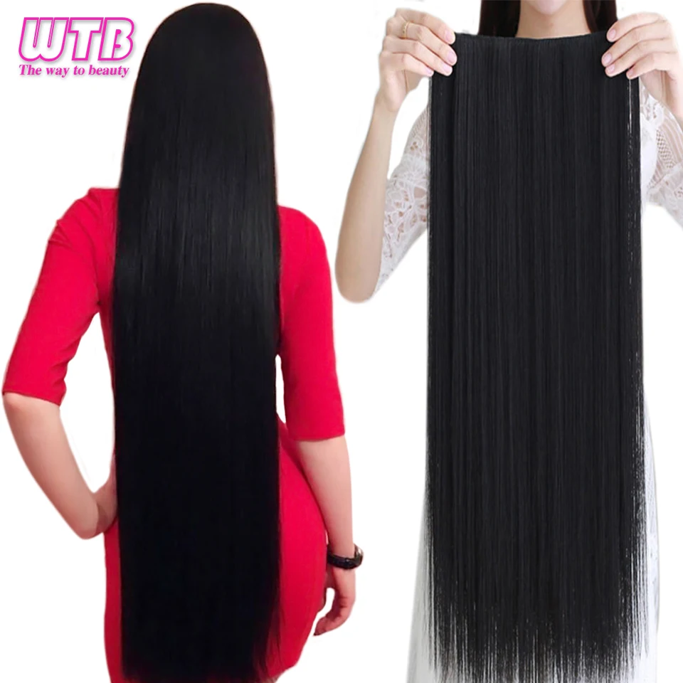 WTB 합성 100cm 5 클립 헤어 익스텐션 내열성 롱 스트레이트 블랙 가짜 헤어 피스 여성용 Natural Fake Hair 5 Siz