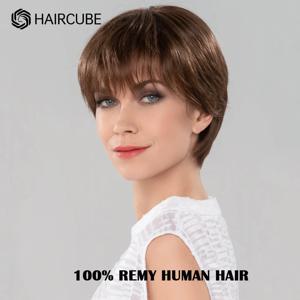 HAIRCUBE 짧은 인간의 머리 가발 여성을위한 자연 스트레이트 계층화 된 스타일 가발 Pixie 잘라 갈색 가발 Bangs 100% 레미 인간의 머리카락