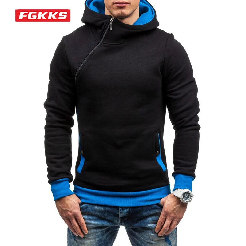 FGKKS 남성용 캐주얼 사선 지퍼 풀오버 후드, 단색, 가을, 패션 매칭, 루즈 후드티