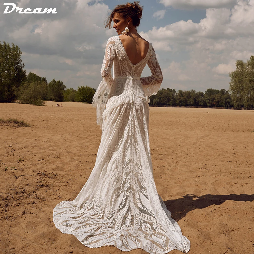 DREAM 맞춤형 V넥 플레어 슬리브 레이스 웨딩 드레스, 긴 신부 원피스, 백리스 빈티지 복장, 신부 가운, 2025