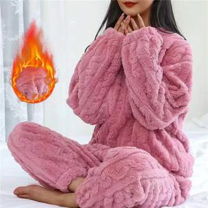 여성 잠옷 세트 겨울 산호 벨벳 homewear 벨벳 두꺼운 투피스 홈 슈트 푹신한 o 넥 레저 잠옷