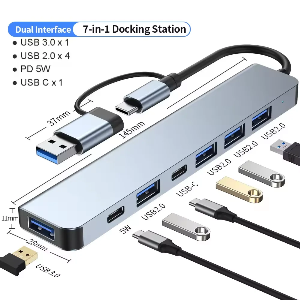 USB C 허브 USB 스플리터 7 in 1 USB 확장기 4개의 USB 포트 1개의 USBC 포트 TF/SD 카드 리더 오디오 출력 맥북 호환