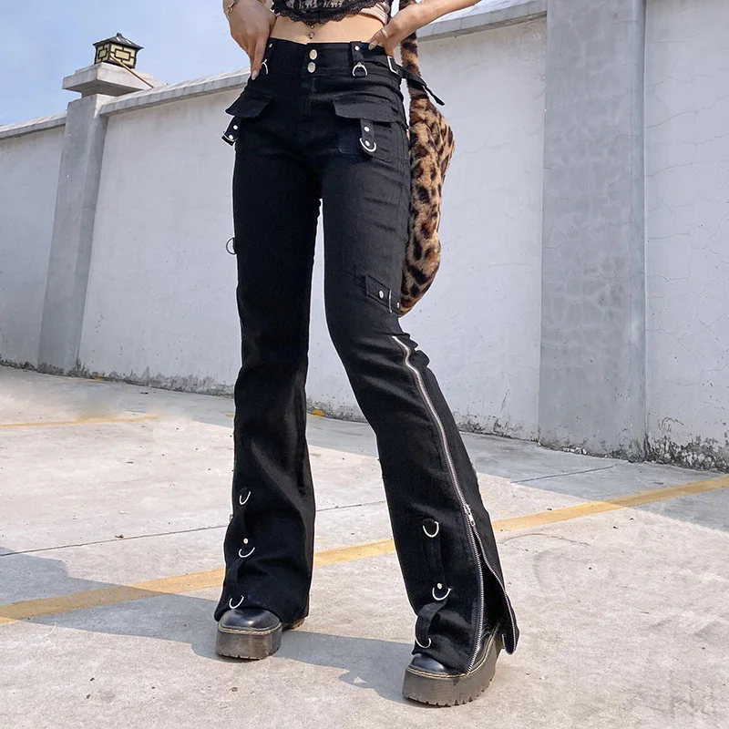 다크 펑크 Y2k 그런지 낮은 허리 Emo 청바지 몰 고딕 여성 블랙 패치 워크 전기 바지 패션 streetwear Alt 의류