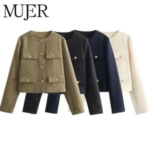MUJER 트위드 크롭 재킷 여성 롱 슬리브 빈티지 재킷 여성 패션 버튼 우아한 재킷 여성용 신상 숏 코트