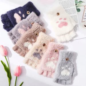 새로운 Kawaii 여성 따뜻한 고양이 장갑 패션 소녀 고양이 발톱 발 플러시 장갑 부드러운 플러시 짧은 핑거리스 하프 손가락 겨울 장갑