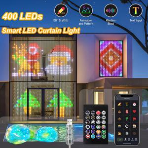 RGB 스마트 커튼 조명 앱 제어 400LED 조명 스트링 방수 DIY 요정 조명 USB 플러그 텍스트 패턴 파티룸 장식용