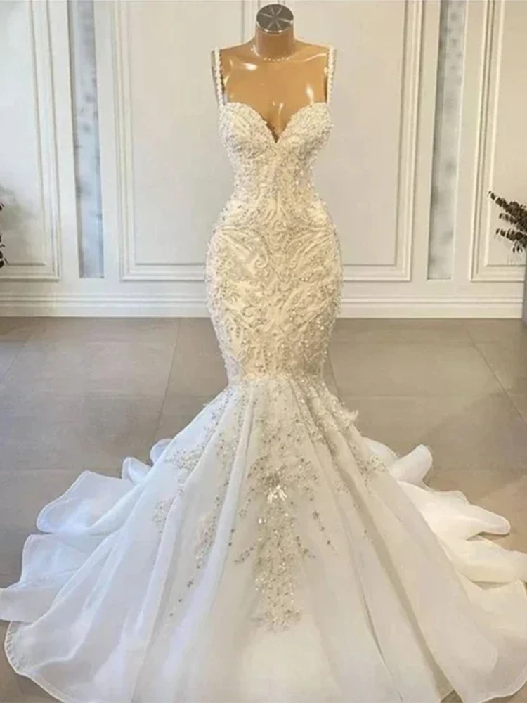 럭셔리 인어 웨딩 드레스 페르시 아플리케 빈티지 레이스 위로 신부 가운 스파게티 스트랩 vestido de novia