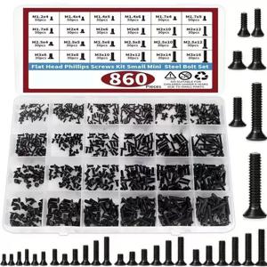 860개 소형 컴퓨터 나사 모음 키트, 검정색 작은 안경 나사 M1.2 M1.4 M1.7 M2 M2.5 M3, PC 및 노트북 SSD 하드 드라이브 C
