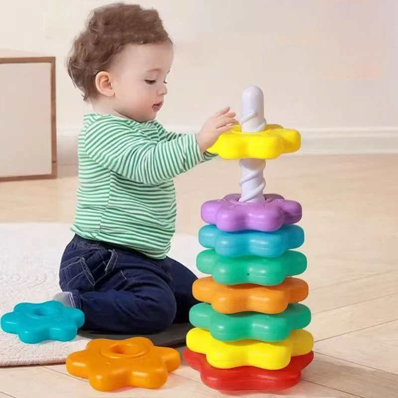 몬테소리 회전 레인보우 타워 아기 스태킹 퍼즐 장난감, 어린이 모터 기술 개발 게임, 회전 스태킹 장난감, 어린이 선물