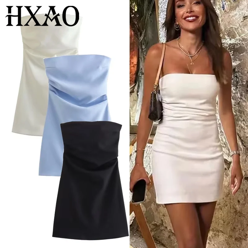 TRAF 드레스 여성 오프 숄더 코르셋 짧은 드레스 Ruched Backless 블루 블랙 화이트 드레스 여성 섹시한 Bodycon 파티 드레스