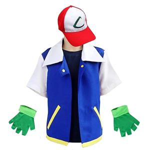코스프레 애니메이션 Ash Ketchum 옷 남자 블루 자켓 의상 소년 소녀 코스프레 카니발 파티 트레이너 모자 장갑 세트