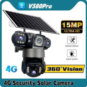 4G 태양광 모니터 카메라 실외 플러그리스 360 °   시야각 15MP 트리플 렌즈 모니터 원격 PIR 동작 감지 보안 CCTV