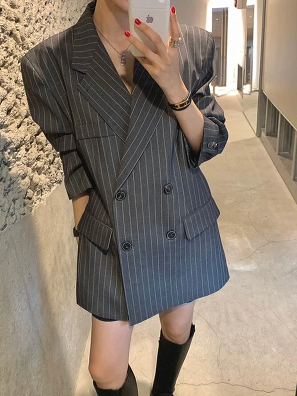 우아한 스트라이프 루즈핏 패셔너블 수트 재킷 벨트 포함 홍콩 스타일 레트로 시크 탑 여성 비즈니스 캐주얼 아우터웨어