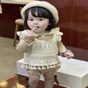 여아 니트 롬퍼 수트 칼라 긴 소매 외투 크롤링용 봄 가을 면 혼방 전통 중국 스타일 웨딩 드레스