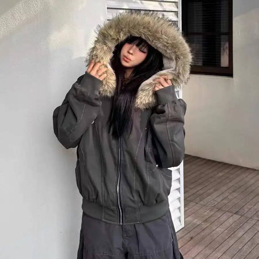 미국 레트로 울 칼라 재킷 겨울 패션 스쿨 스타일 두꺼운 후드 디자인 숏 코튼 재킷