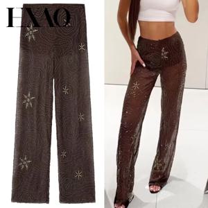 HXAO 여성 바지 봄 여름 2025 구슬 갈색 바지 스팽글 반투명 하이 웨스트 바지 숙녀 streetwear 캐주얼 바지
