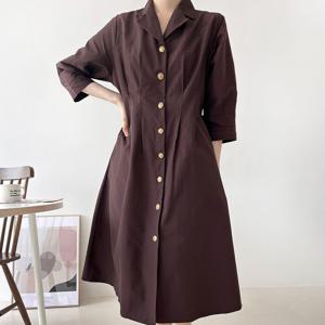 [브리치] 옷자락 / 여자 가을하객룩 나일론 핀턱 금장버튼 셔츠 롱원피스 (2color)