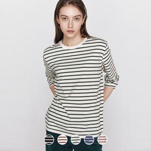 지오다노 여성 가을 라운드넥 기본핏 스트라이프 긴팔 면 티셔츠 325913