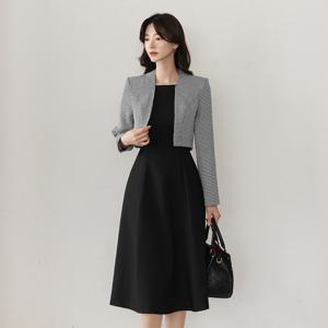 (~XXL까지) 젠킨스 하운드 투스 체크 레이어드 플레어 원피스 봄,가을 하객룩 오피스룩 격식룩 데이트룩