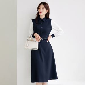 (~XXL까지) 헬리에 카라 배색 플레어 벨트 원피스 가을 하객룩 오피스룩 모임룩 격식룩 빅사이즈