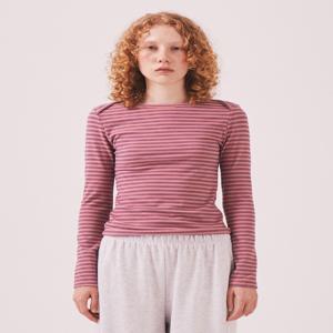 Brushed Striped Boatneck Long T Shirt_Pink