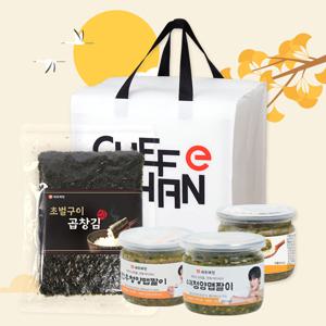 셰프애찬 추석선물 F세트 (맵짤3종(청양한우전복)250g+곱창김25매+선물가방)