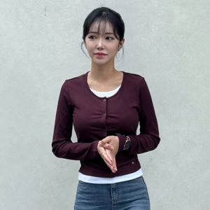 여성 웨일 슬림핏 가디건 레이어드 티셔츠_버건디