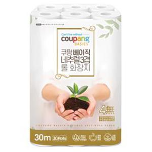쿠팡베이직 네추럴 3겹 천연펄프 롤화장지 30m, 30개입, 1개