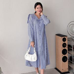샵앤) 스트라이프 셔츠 세일러 롱 원피스 ARA-WDR-3864-블루