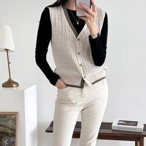 샵앤) 배색 여성 오픈 꽈배기 니트 조끼 21DS-WVS-3766-그레이