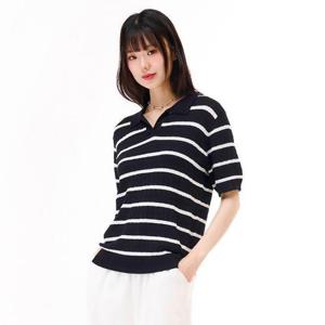 체이스컬트 HC09 여성 스트라이프 오픈 카라 반팔 스웨터 EBRG5673D04