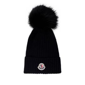 MONCLER KIDS Black Beanie with Logo Patch on the Front and Skullcap in Wool Girl 3B00011M1131999