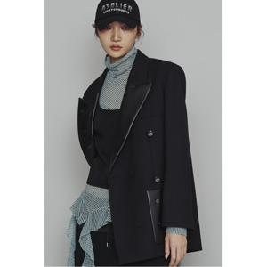 [럭키슈에뜨][Atelier] Leather Collar Wool Polyester Herringbone Jacket (black)_LFJAW24860BKX (LFJAW24860BKX)