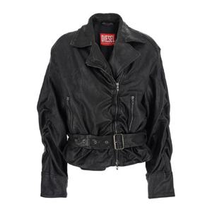 DIESEL Black Jacket with Classic Lapels and Crumpled Design in Leather Woman A207410SLCW9XX
