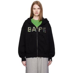 25 FW BAPE 여성 블랙 ABC 카모 크리스탈 로고 와이드 집업 후드티 251546F097021