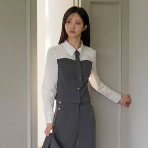(JJ지고트) 레이온 배색 투톤 크롭 셔츠 블라우스 GR9A0BL511