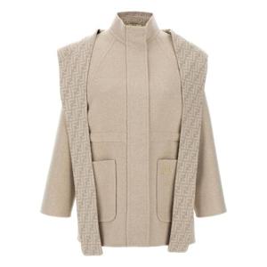FENDI Beige Jacket with High Neck and FF Logo on the Front in Wool Woman FJ7587A5HDF1MYZ