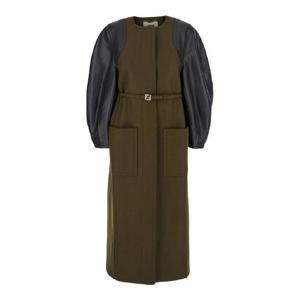FENDI Green Crewneck Coat with Puffed Leather Sleeves and Belt with FF Plaque in Wool and Viscose Woman FF6150AJ0KF1T6G
